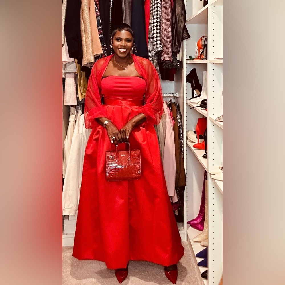 Red Aline full maxi skirt. I am 5”7” wearing kitten heels.